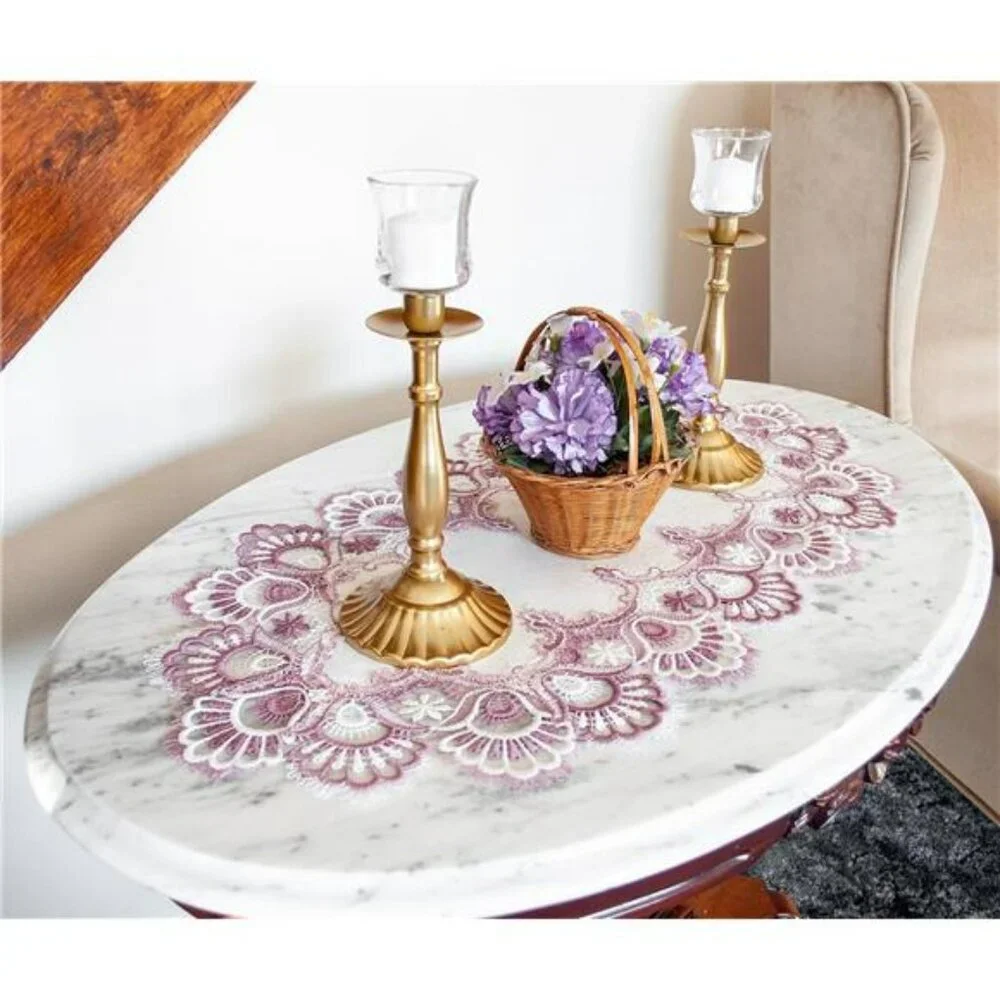 White Mauve Rose Lace Table Runner 16x35 Jacquard Dresser Scarf Coffee Table Dec
